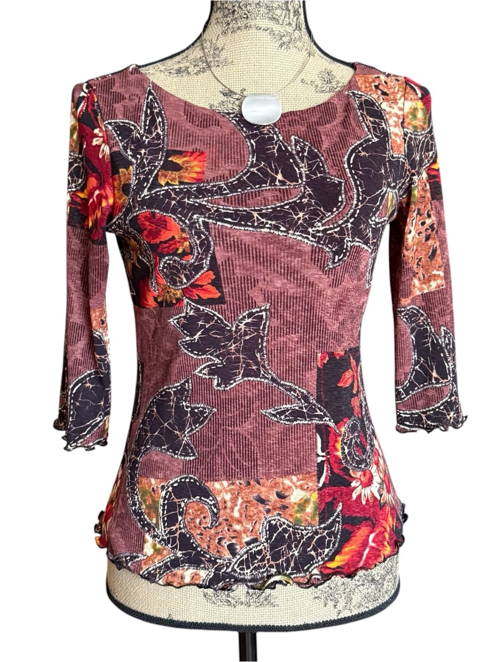 Y2K Burgundy Floral Patchwork Ribbed Scoop Neck Top Size M